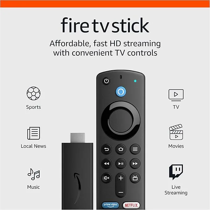 Amazon Fire TV Stick, HD, sharp picture quality, fast streaming, free & live TV, Alexa Voice Remote with TV controls