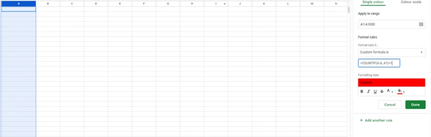 highlighting duplicates in column a