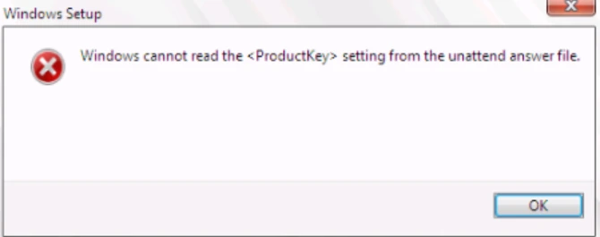 windows cannot read the product key from the unattend answer file